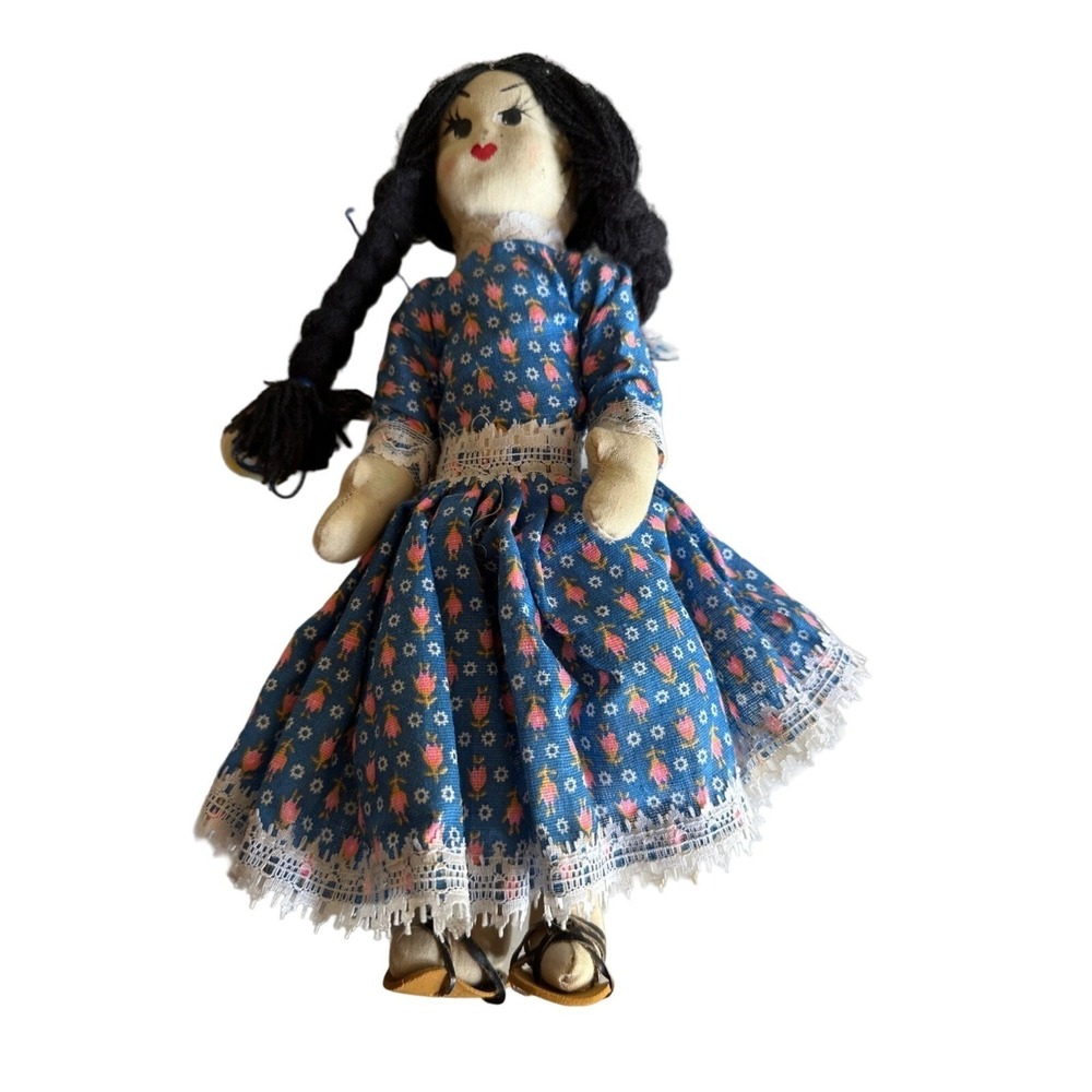 Rag Doll Blue Floral Hand Painted Folk Art Cloth Doll Lace Trim Sandals